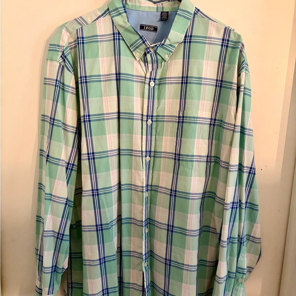 Izod Mint and Blue Plaid Button-Down Shirt